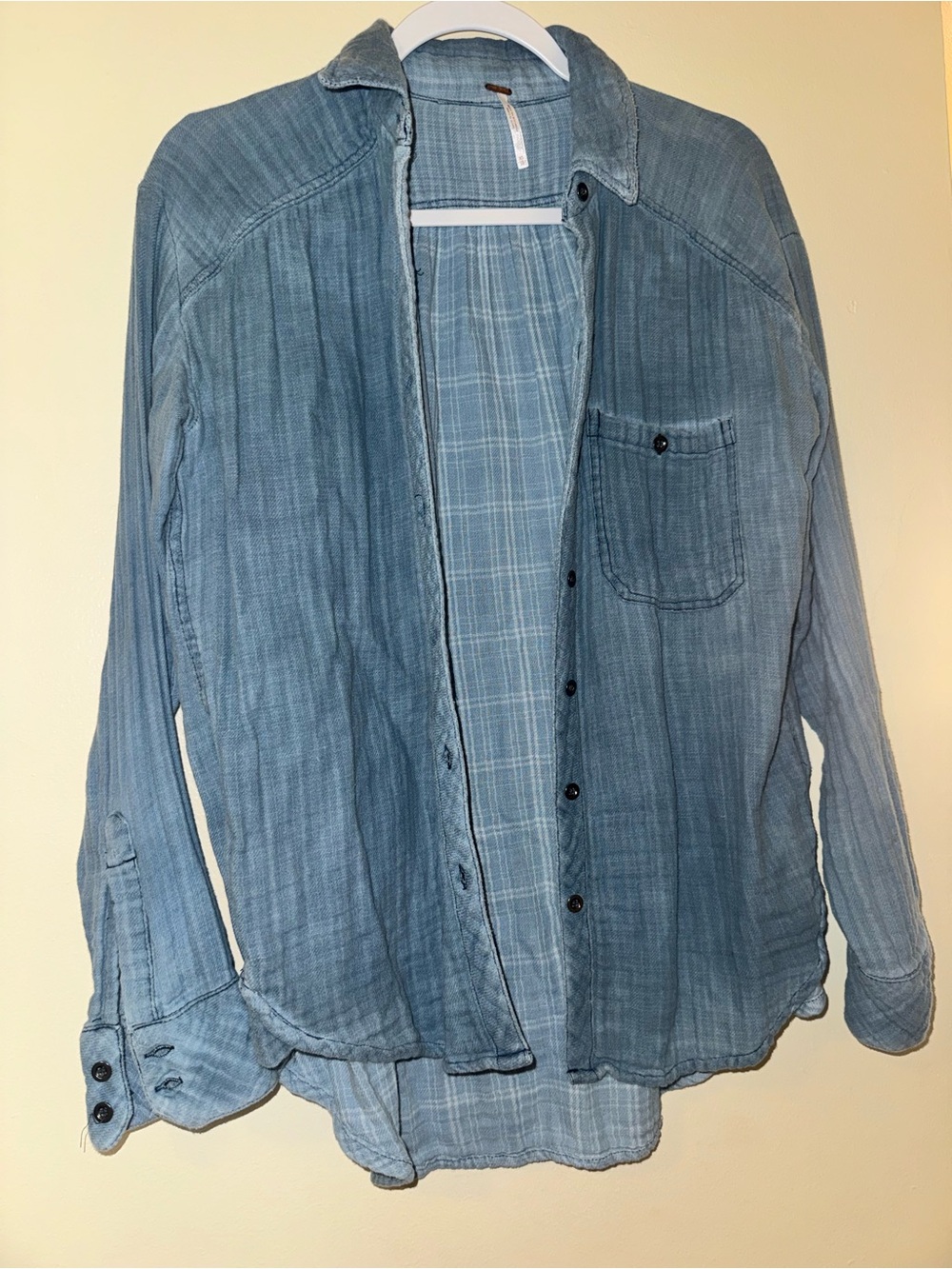 Free People Washed Blue Button-Up Shirt Jacket EUC